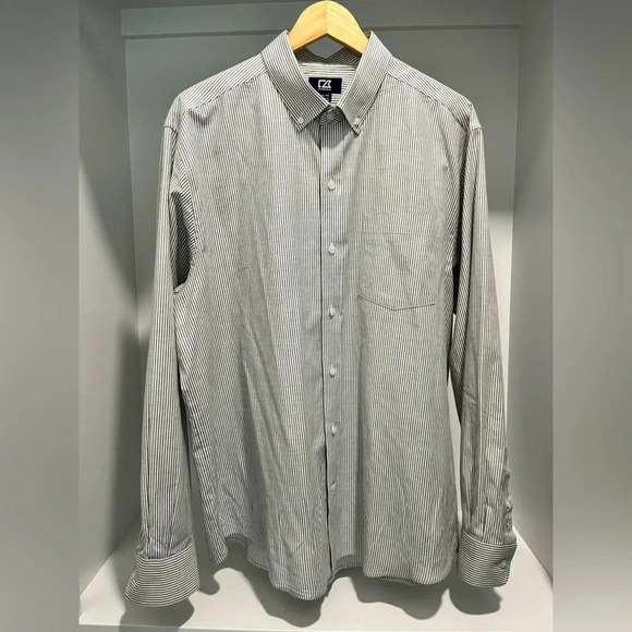 Cutter & Buck Easy Care gray and white stripe button down size XL front pocket - Picture 1 of 10